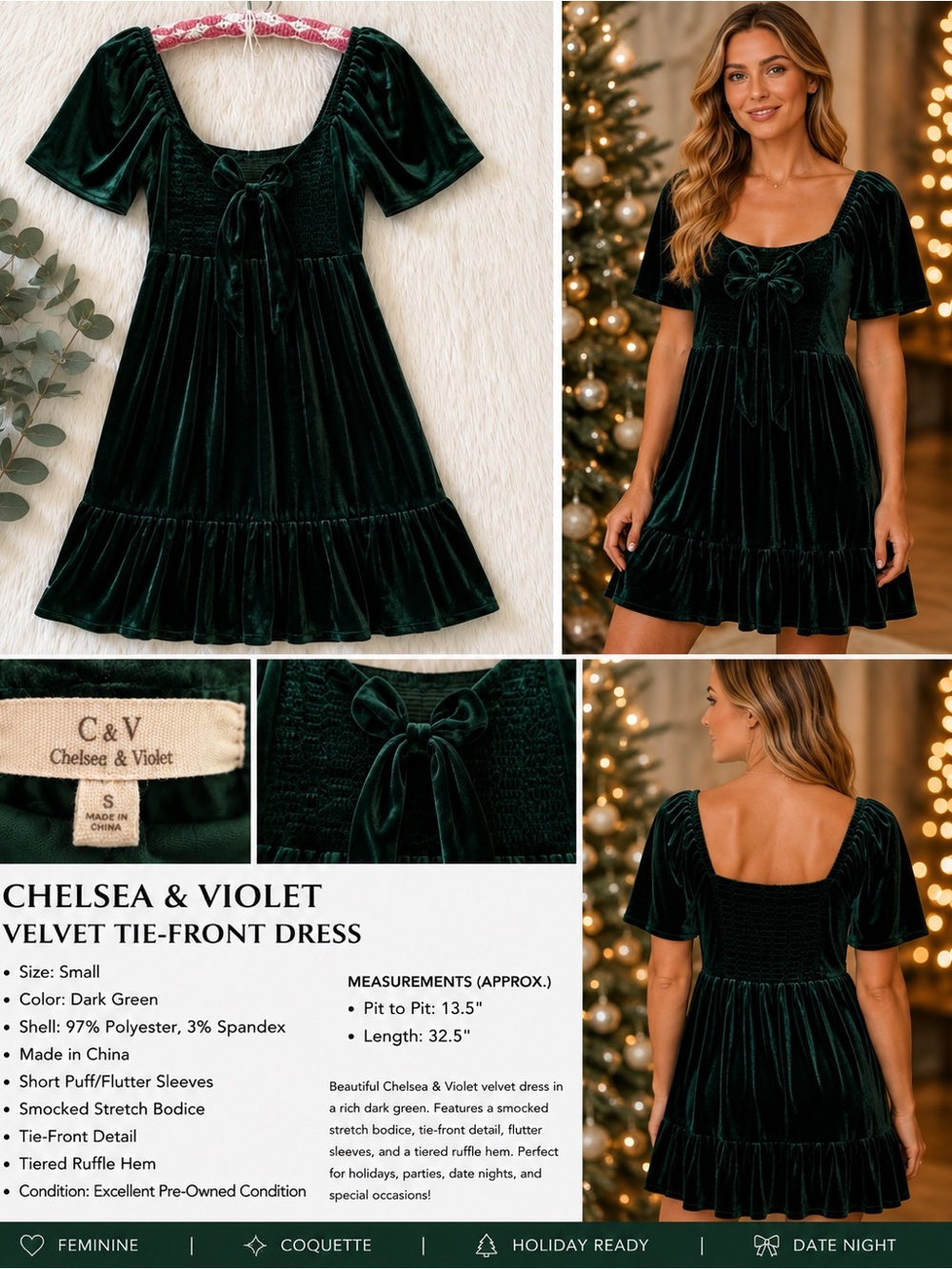 Chelsea & Violet Velvet Babydoll Dress | Dark Green | Size Small